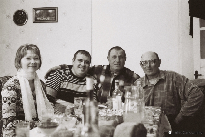 3a.Granddad-Vasil-with-R-to-L-Brother-in-Law-Pjatro-and-Son-Ivan-and-Ivans-Wife-Ljuda-Tsjerablichy-2012-2012093a-11A